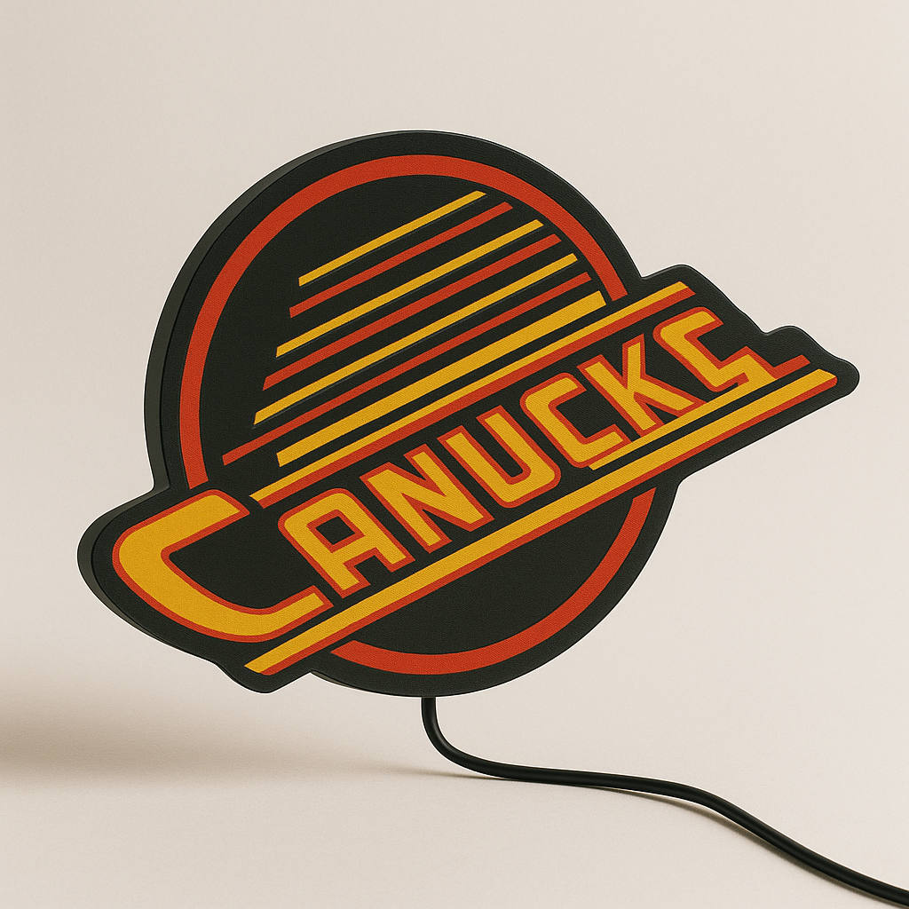 Vancouver Canucks Retro Logo LED Sign with black, red and yellow skate artwork shown in daylight