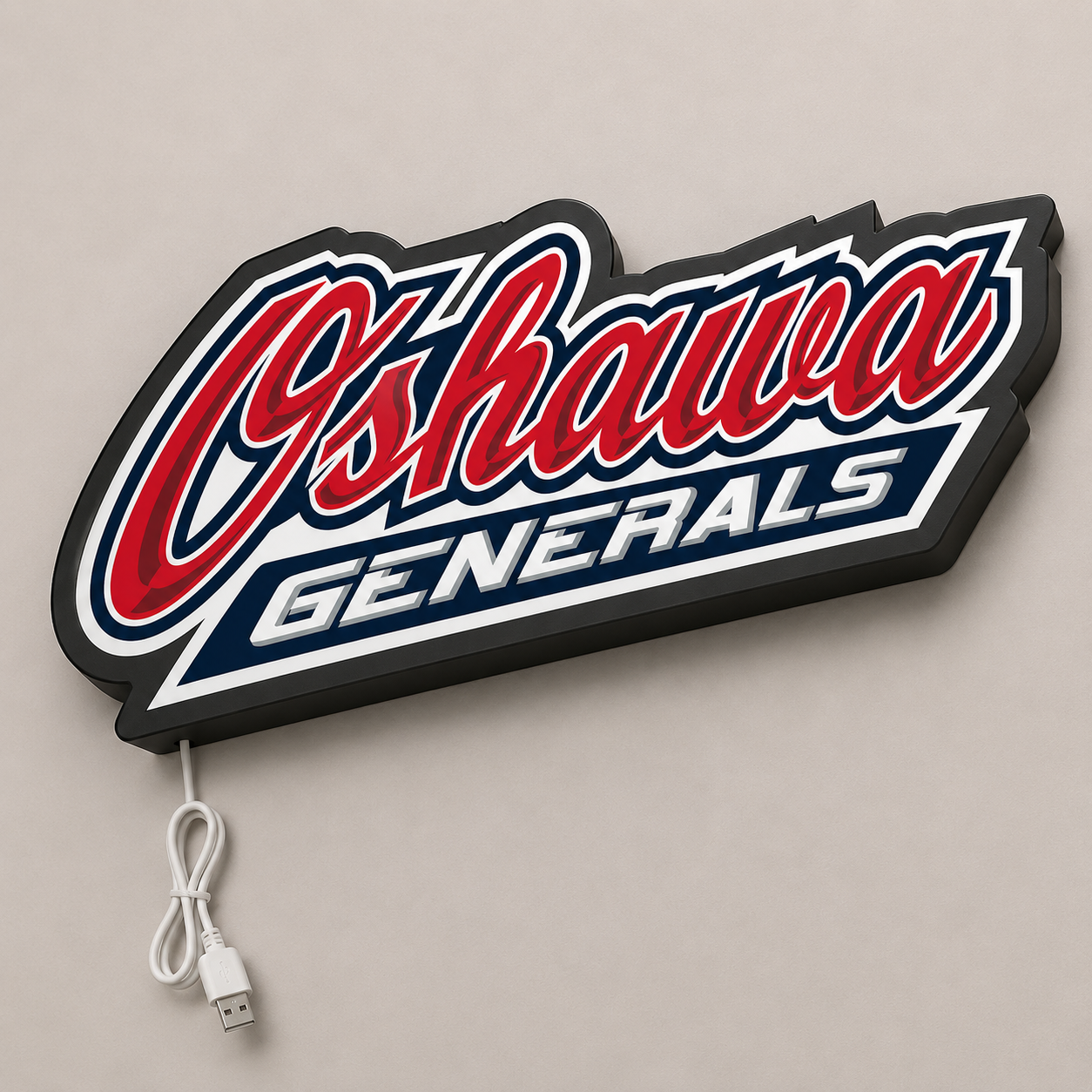 Oshawa Generals LED Sign with red, blue and white crest shown in daylight