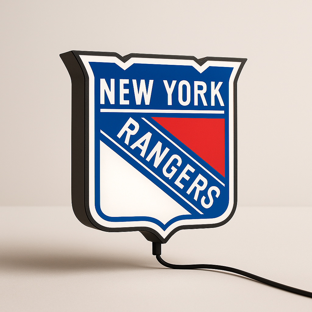 New York Rangers LED Sign with red, white and blue shield shown in daylight