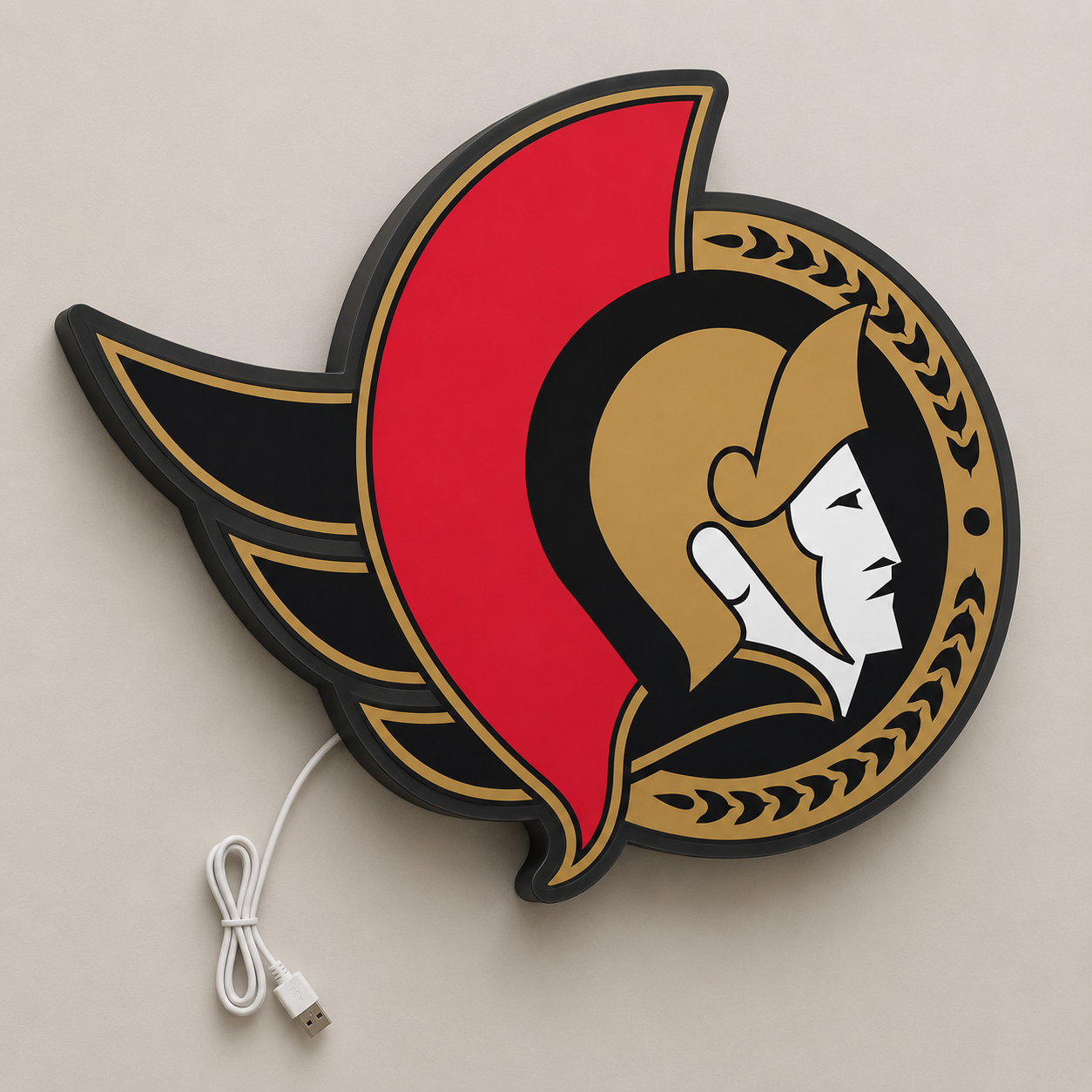 Ottawa Senators LED Sign with red, black and gold centurion crest shown in daylight