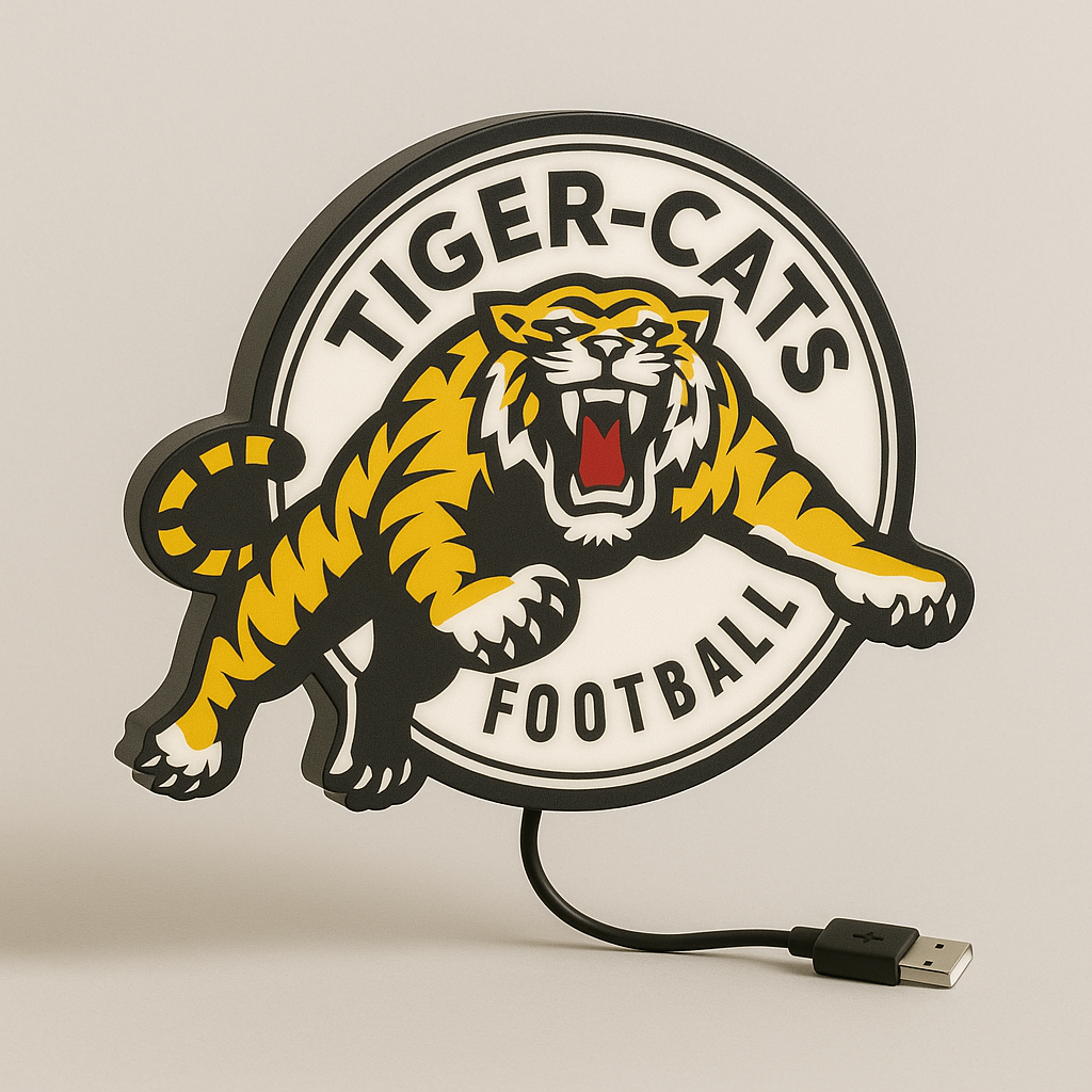 Hamilton Tiger-Cats LED Sign with black-and-gold leaping tiger shown in daylight