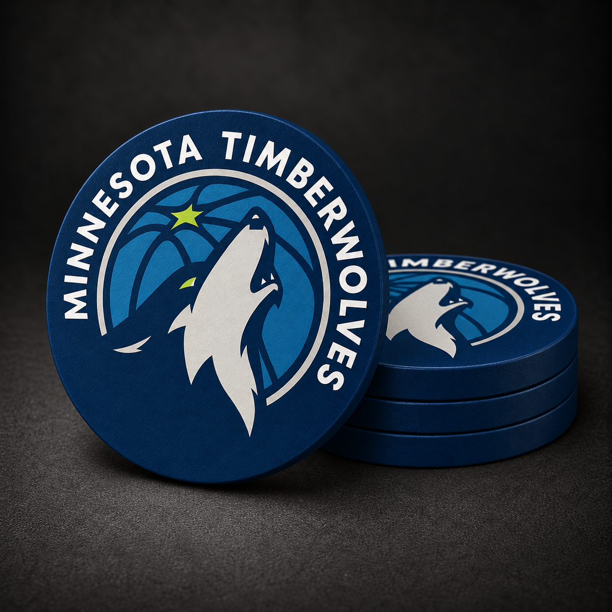 Minnesota Timberwolves Drink Coasters with navy blue sides, three stacked and one standing on a dark charcoal background