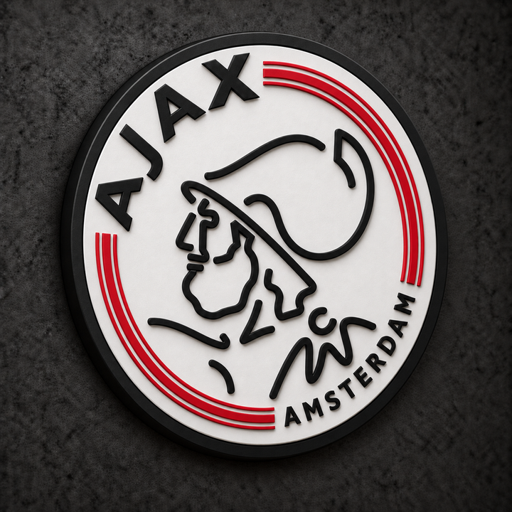 Ajax Amsterdam 3D Plaque with raised layered artwork on a dark charcoal wall