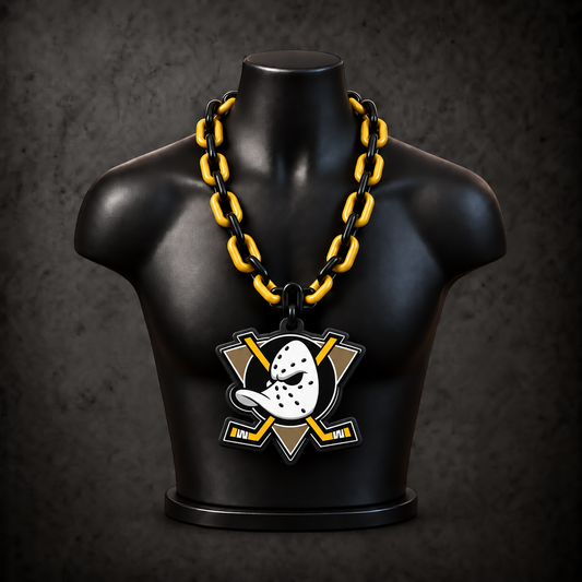 Anaheim Ducks Classic Hype Chain with alternating black and gold links on a black display bust