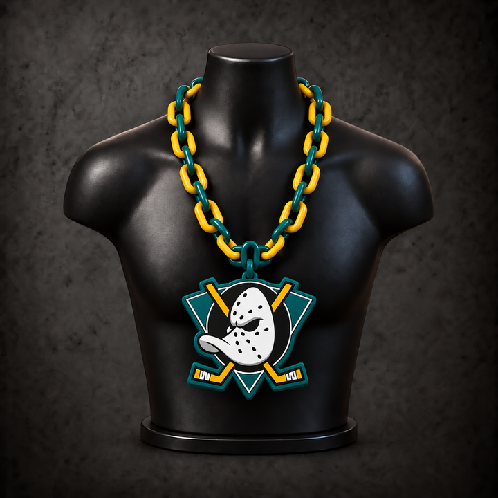 Anaheim Ducks Retro Classic Hype Chain with alternating teal and gold links on a black display bust
