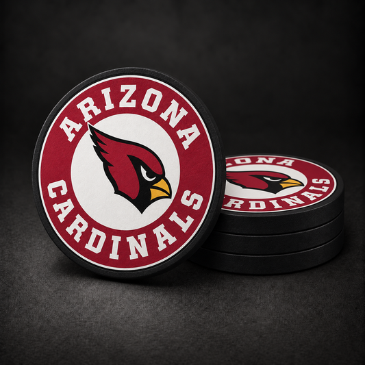 Arizona Cardinals Drink Coasters with black sides, three stacked and one standing on a dark charcoal background
