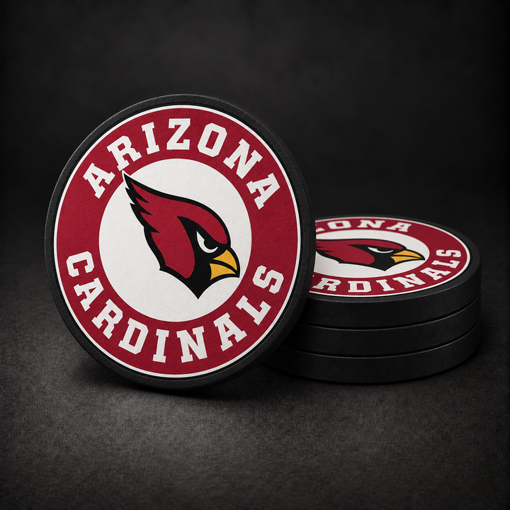 Arizona Cardinals Drink Coasters with black sides, three stacked and one standing on a dark charcoal background