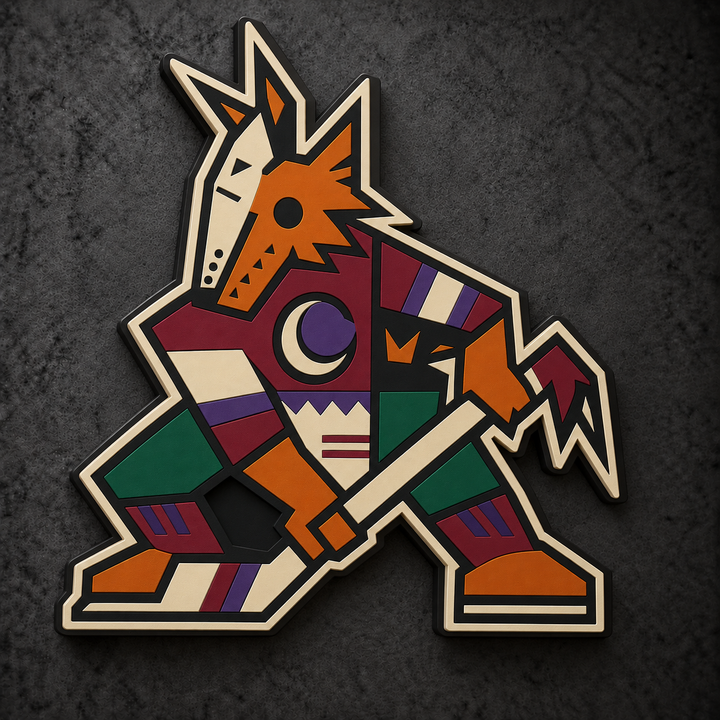 Arizona Coyotes 3D Plaque with raised layered artwork on a dark charcoal wall