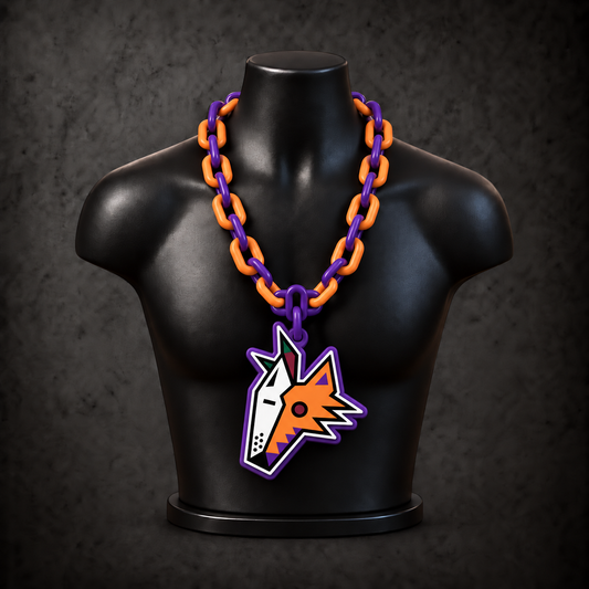 Arizona Coyotes Classic Hype Chain with alternating purple and orange links on a black display bust