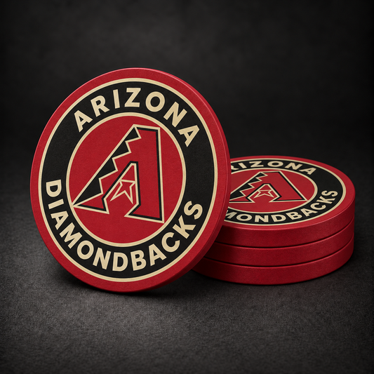 Arizona Diamondbacks Drink Coasters with red sides, three stacked and one standing on a dark charcoal background