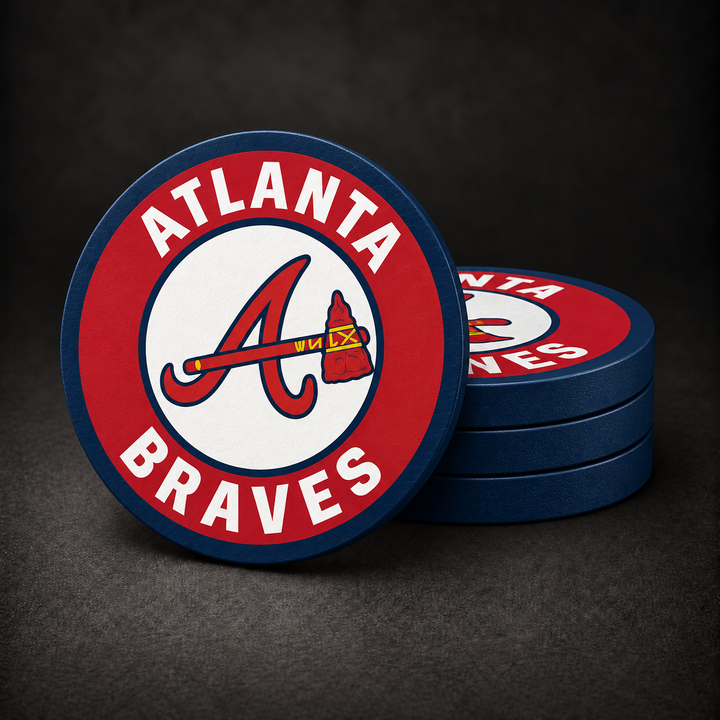 Atlanta Braves Drink Coasters with navy blue sides, three stacked and one standing on a dark charcoal background