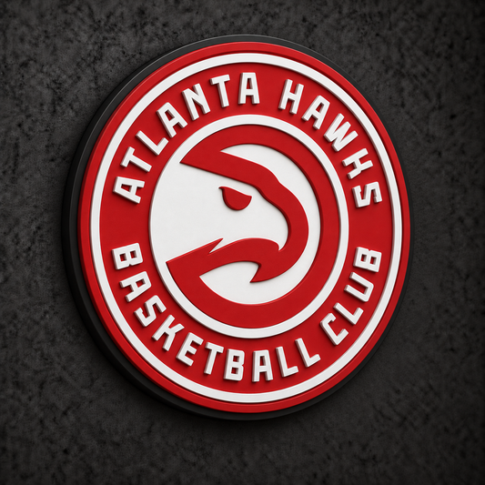Atlanta Hawks 3D Plaque with raised layered artwork on a dark charcoal wall