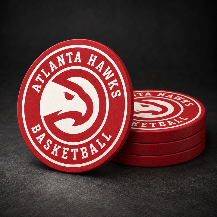 Atlanta Hawks Drink Coasters with red sides, three stacked and one standing on a dark charcoal background