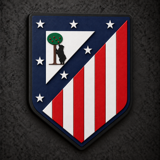 Atlético Madrid 3D Plaque with raised layered artwork on a dark charcoal wall