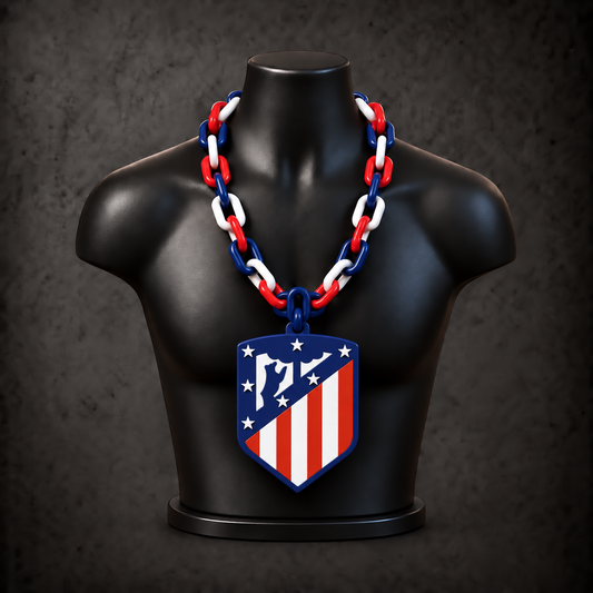 Atlético Madrid Classic Hype Chain with navy blue, red, white alternating plastic links on a black display bust