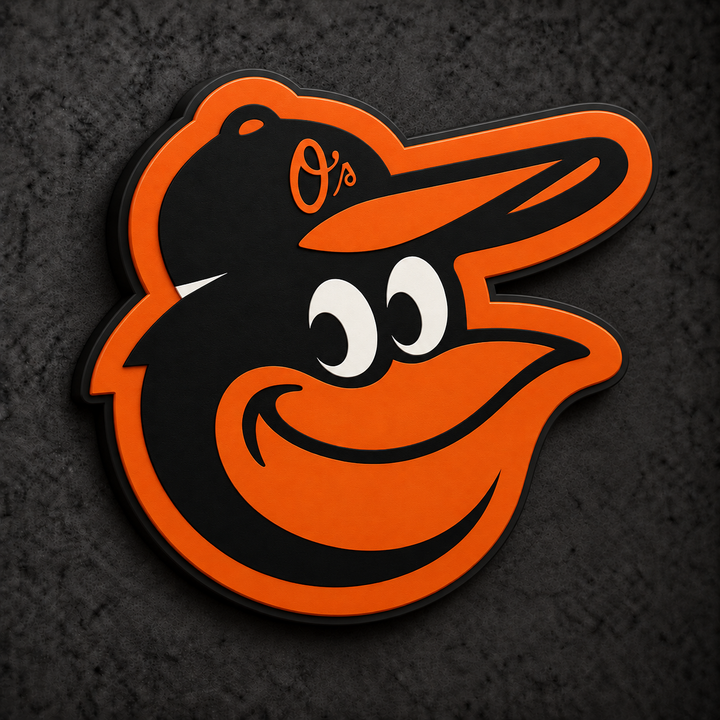 Baltimore Orioles 3D Plaque with raised layered artwork on a dark charcoal wall