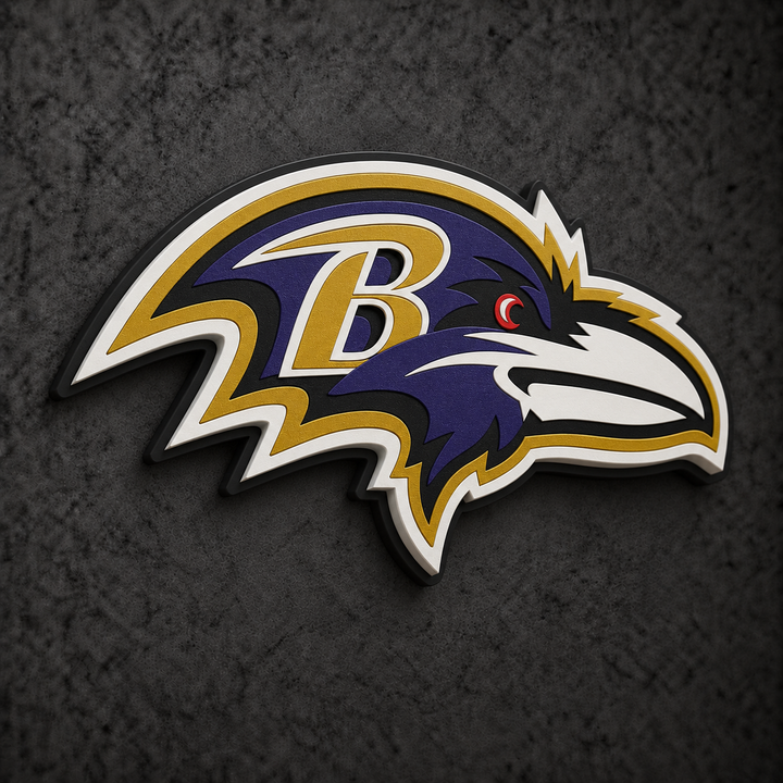 Baltimore Ravens 3D Plaque with raised layered artwork on a dark charcoal wall