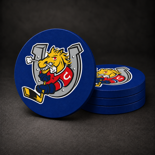 Barrie Colts Drink Coasters with supplied team logo and deep blue matching gloves sides, three stacked and one standing on a dark charcoal background