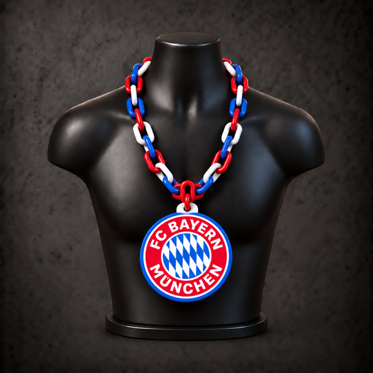 Bayern Munich Classic Hype Chain with red, blue, white alternating plastic links on a black display bust