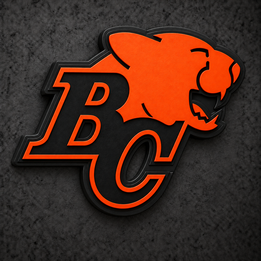BC Lions 3D Plaque with raised layered artwork on a dark charcoal wall