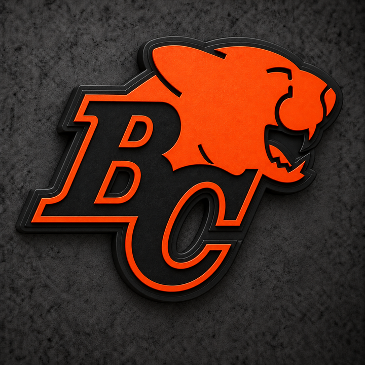 BC Lions 3D Plaque with raised layered artwork on a dark charcoal wall
