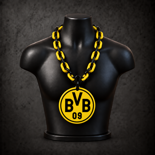 Borussia Dortmund Classic Hype Chain with black, yellow alternating plastic links on a black display bust
