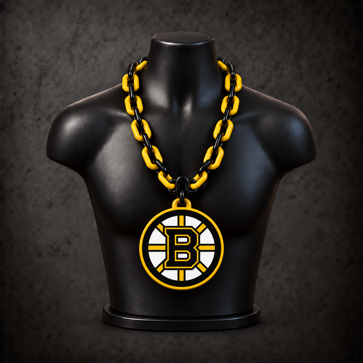 Boston Bruins Classic Hype Chain with alternating black and gold links on a black display bust