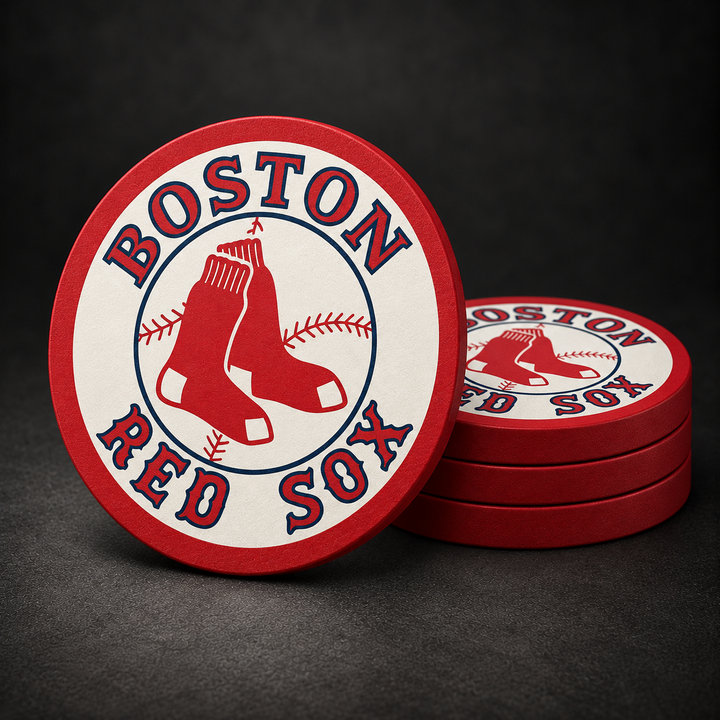 Boston Red Sox Drink Coasters with red sides, three stacked and one standing on a dark charcoal background