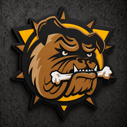 Brantford Bulldogs 3D Plaque with raised layered artwork on a dark charcoal wall
