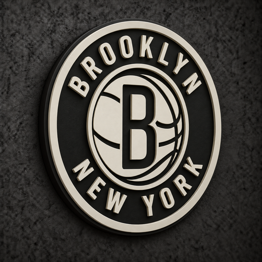 Brooklyn Nets 3D Plaque with raised layered artwork on a dark charcoal wall