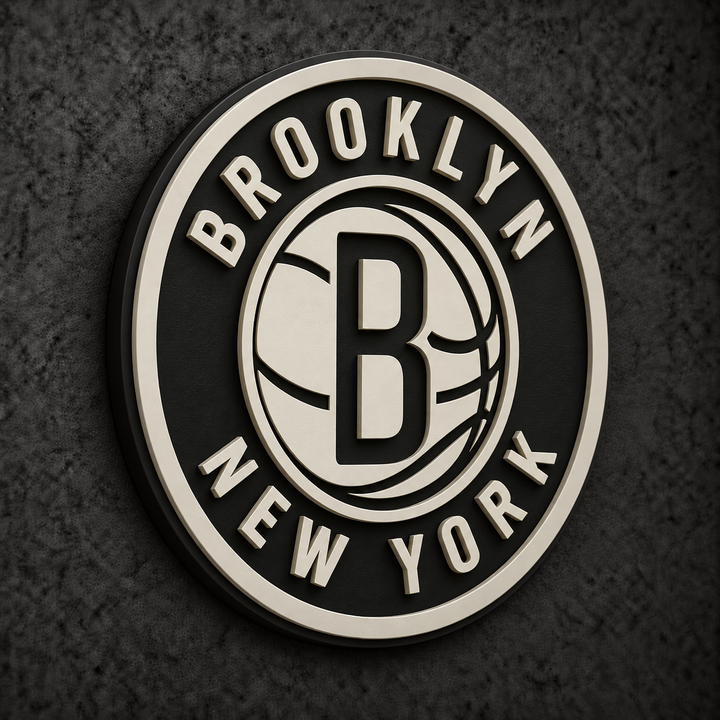 Brooklyn Nets 3D Plaque with raised layered artwork on a dark charcoal wall
