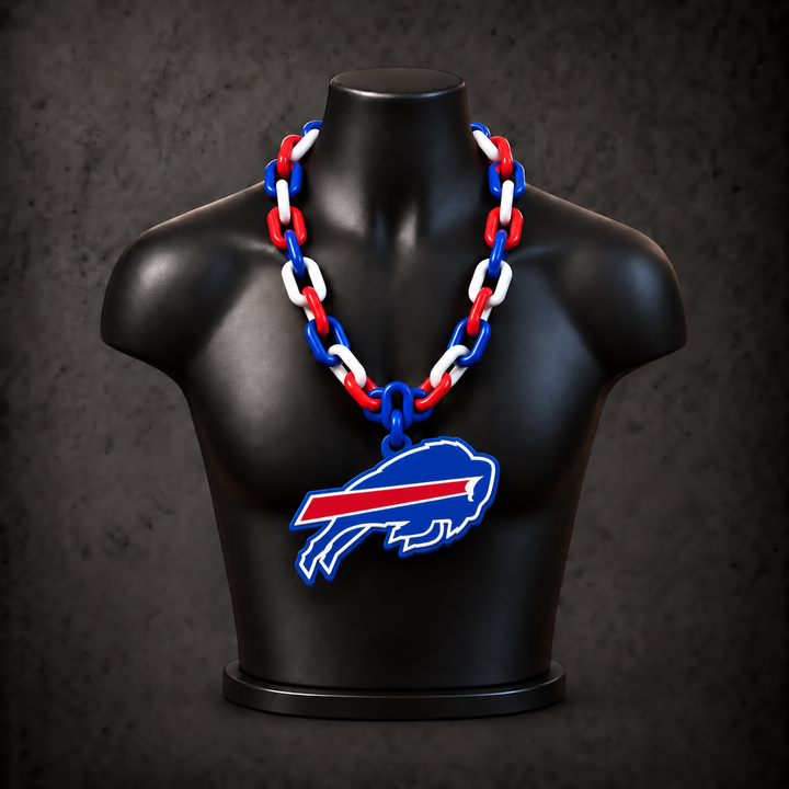 Buffalo Bills Classic Hype Chain — royal blue / red / white chain on black display bust