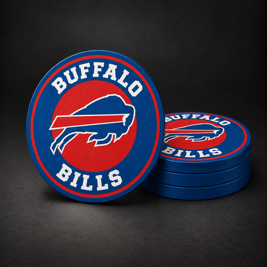 Buffalo Bills Drink Coasters with blue sides, three stacked and one standing on a dark charcoal background