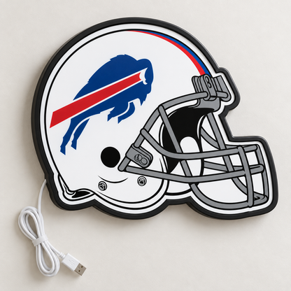 Buffalo Bills Helmet LED Sign shown in daylight with white helmet, blue buffalo logo and red stripe