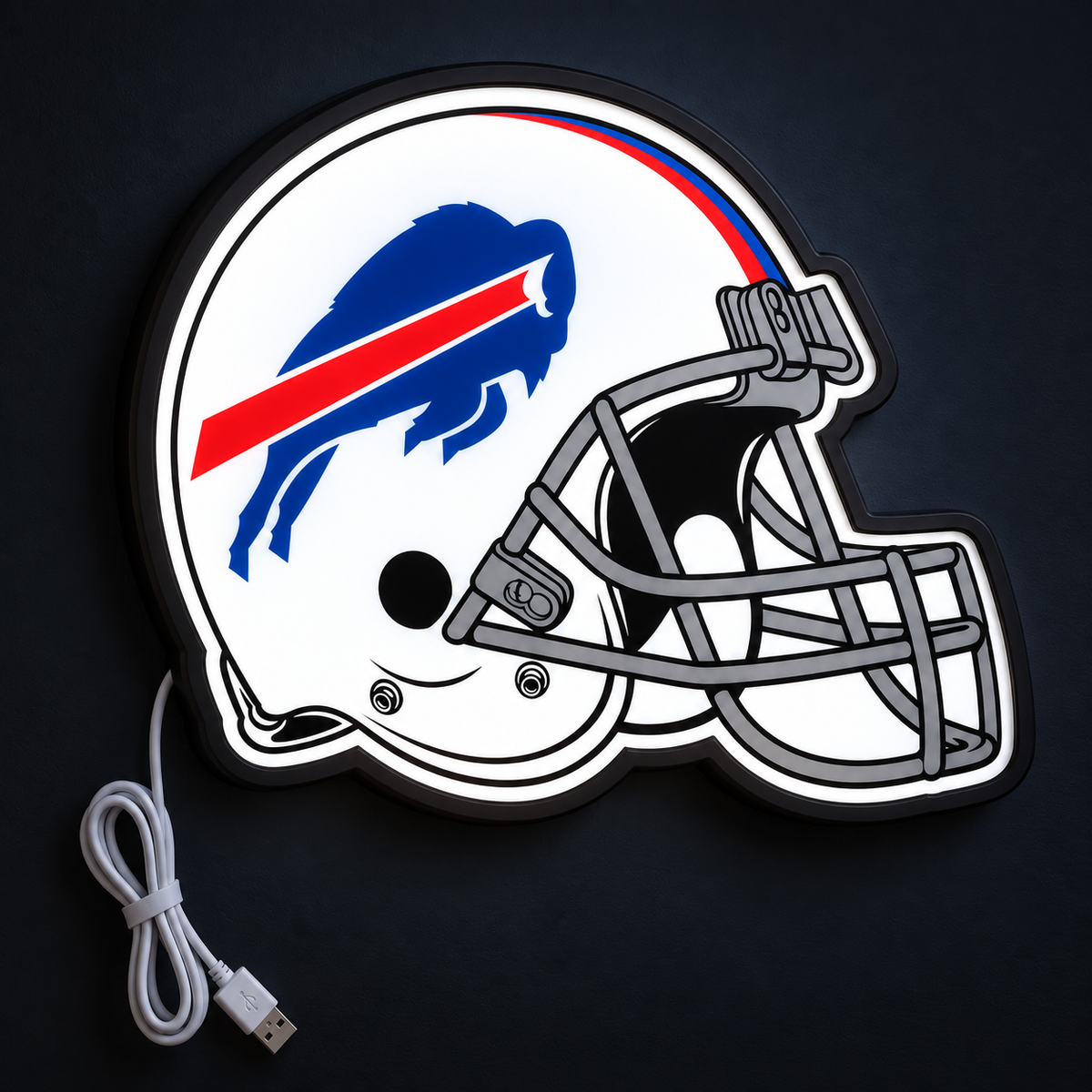 Buffalo Bills Helmet LED Sign illuminated at night with blue buffalo logo and red stripe