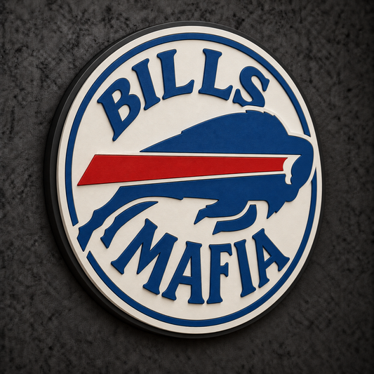 Buffalo Bills 'Bills Mafia' 3D Plaque with raised layered artwork on a dark charcoal wall
