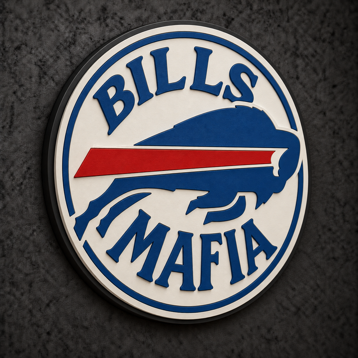 Buffalo Bills 'Bills Mafia' 3D Plaque with raised layered artwork on a dark charcoal wall