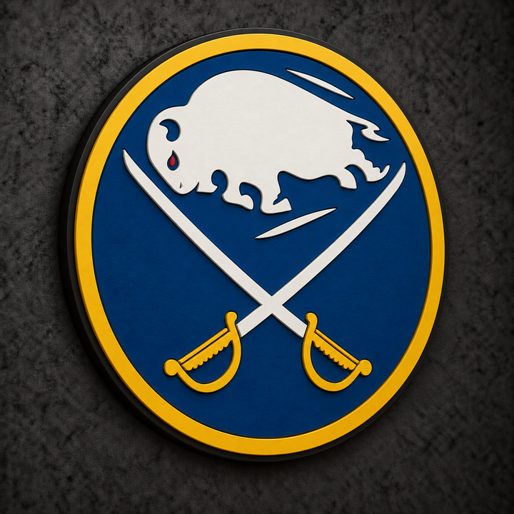 Buffalo Sabres 3D Plaque with raised layered artwork on a dark charcoal wall
