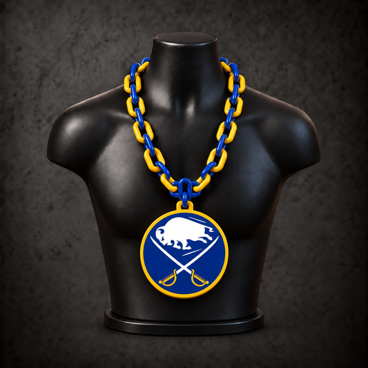 Buffalo Sabres Classic Hype Chain with alternating blue and gold links on a black display bust
