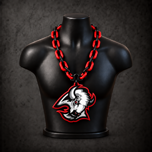 Buffalo Sabres Goathead Classic Hype Chain with alternating black / red links on a black display bust