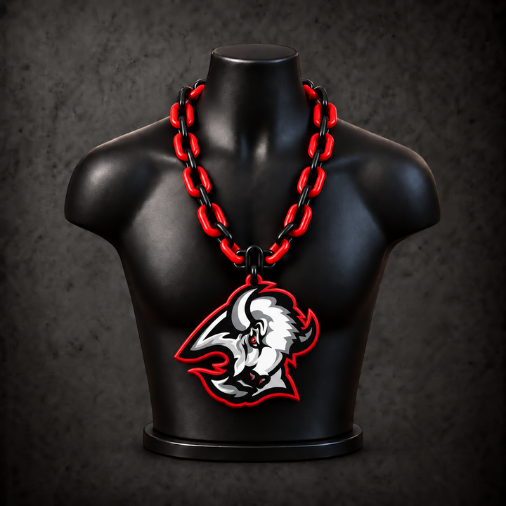 Buffalo Sabres Goathead Classic Hype Chain with alternating black / red links on a black display bust