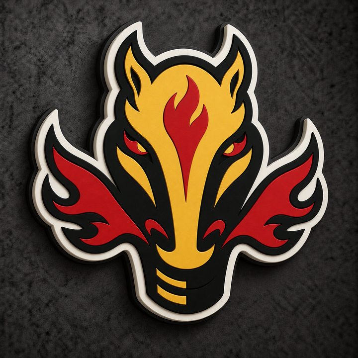 Calgary Flames Alternate Design 3D Plaque with raised layered artwork on a dark charcoal wall