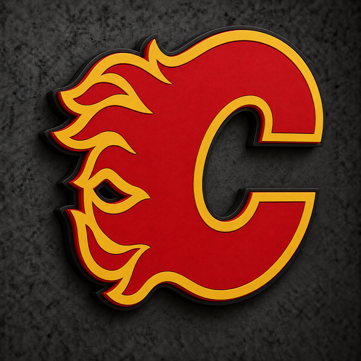 Calgary Flames 3D Plaque with raised layered artwork on a dark charcoal wall