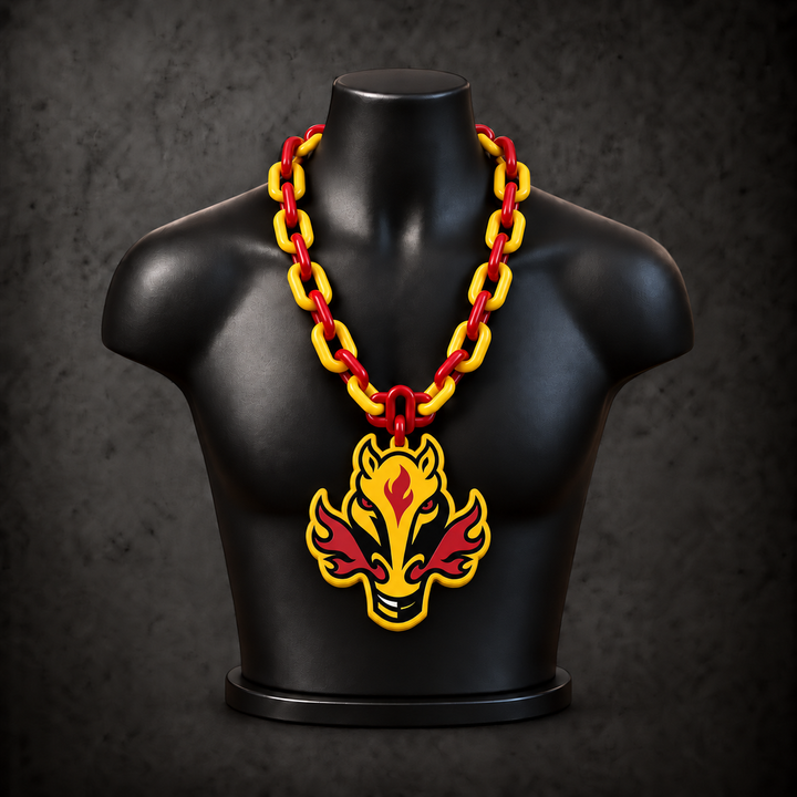 Calgary Flames Alternate Classic Hype Chain with alternating red / gold links on a black display bust