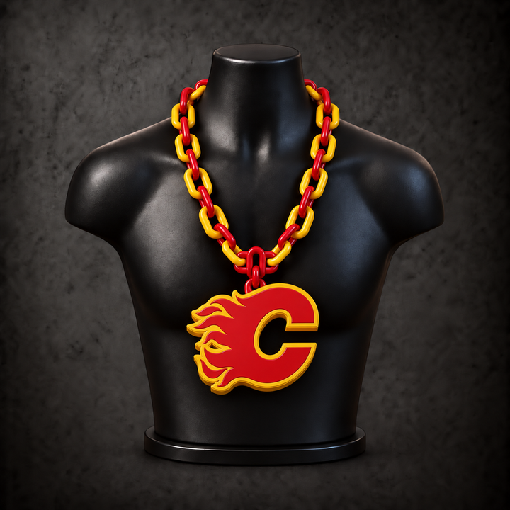 Calgary Flames Classic Hype Chain with alternating red / gold links on a black display bust