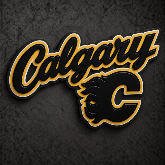 Calgary Flames Wordmark 3D Plaque with raised layered artwork on a dark charcoal wall