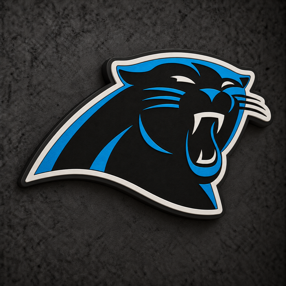 Carolina Panthers 3D Plaque with raised layered artwork on a dark charcoal wall