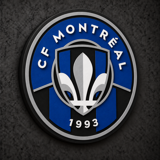CF Montréal 3D Plaque with raised layered artwork on a dark charcoal wall