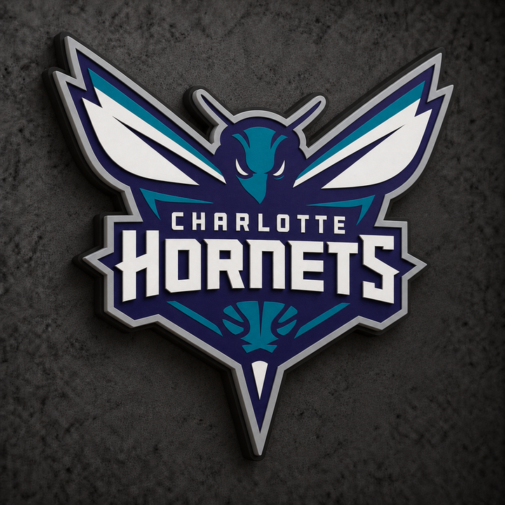 Charlotte Hornets 3D Plaque with raised layered artwork on a dark charcoal wall