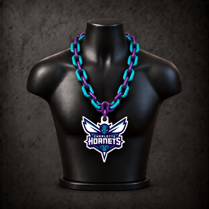 Charlotte Hornets Classic Hype Chain — deep purple / teal chain on black display bust